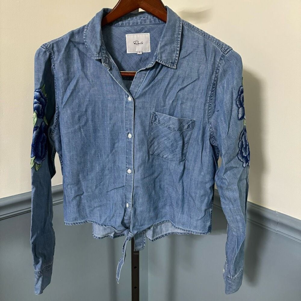 Rails Semi Crop Tie Front Chambray Denim Embroidered Floral Print Sleeves Button
